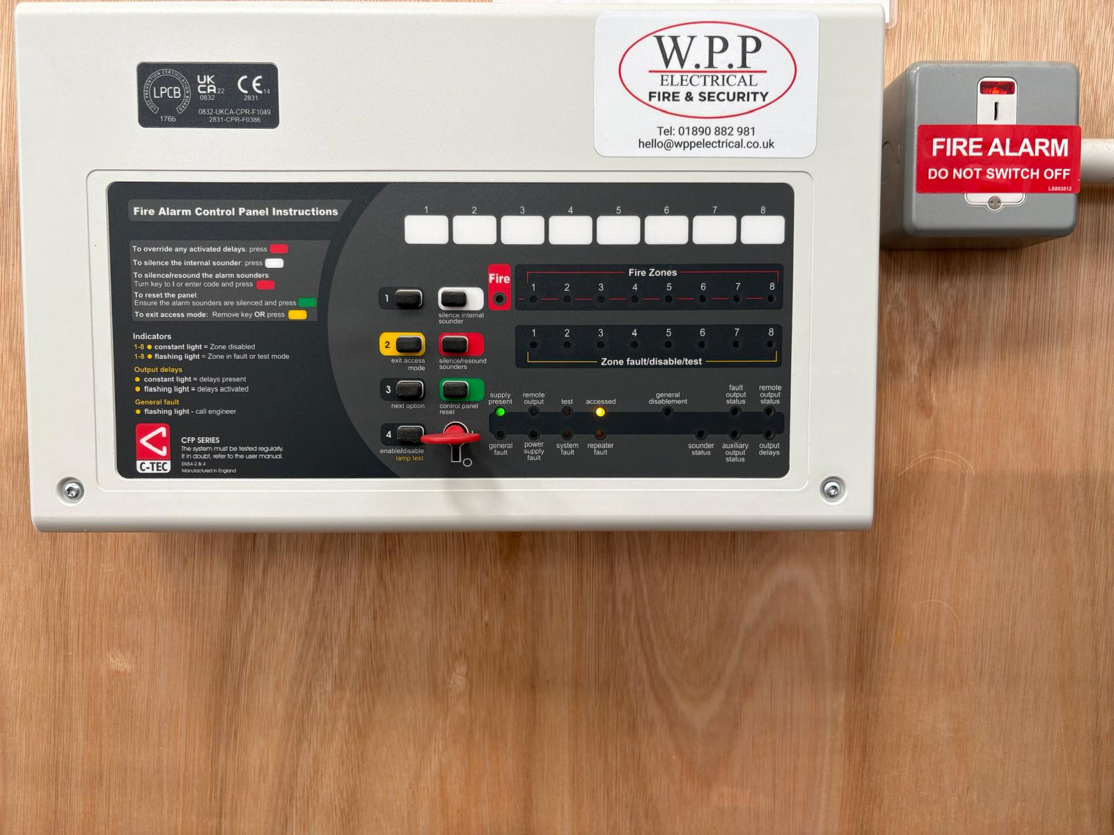 C-TEC fire alarm control panel and call point installed by WPP Electrical Fire & Security