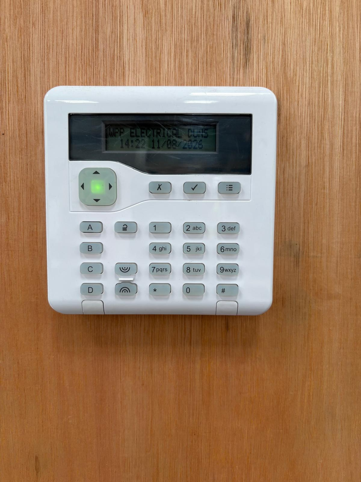 Intruder alarm keypad installed and commissioned at a Duns property